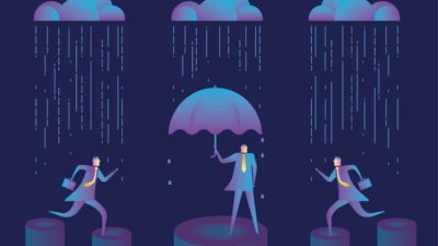 An umbrella man and two men running in the rain stock illustration
