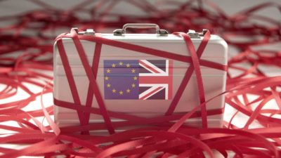 Red tape around a briefcase with European and British flags