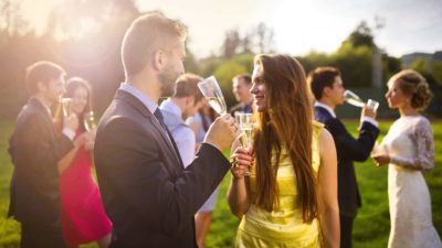 Wedding guests clinking glasses while the newlyweds drinking champagne in the background