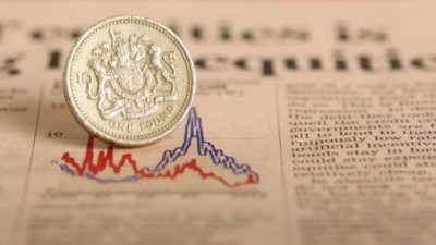 One English pound placed on a graph to represent an economic down turn