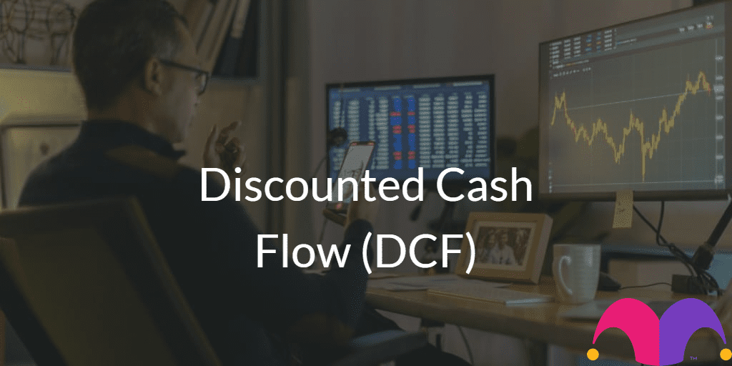 Person in front of the computer with the text "Discounted Cash Flow (DCF)" and the Motley Fool Logo