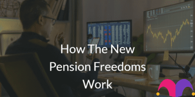 Person in front of the computer with the text "How The New Pension Freedoms Work" and the Motley Fool Logo
