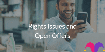 Man looking at a mobile phone with the text "Rights Issues and Open Offers" and the Motley Fool Logo
