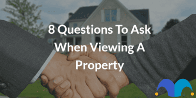 Hands shaking in front of property with the text “8 questions to ask when viewing a property” and The Motley Fool jester cap logo