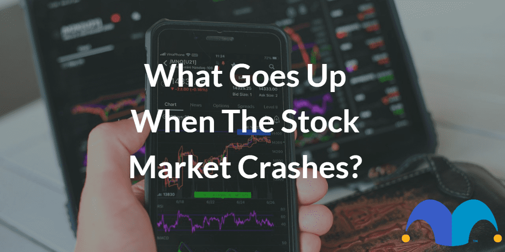 Looking at stocks on app with the text “What goes up when the stock market crashes?” and The Motley Fool jester cap logo
