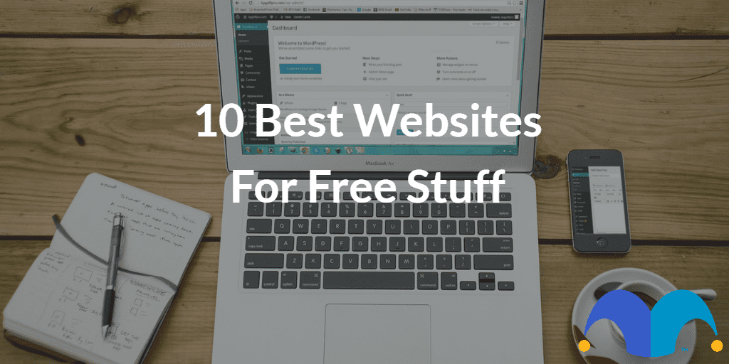 Laptop on tale with the text “10 best websites for free stuff” and The Motley Fool jester cap logo