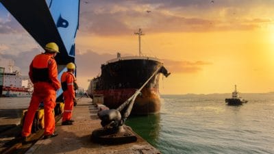 Tanker coming in to dock in calm waters and a clear sunset