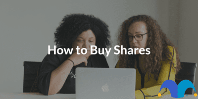 Two women working on laptop with the text “How to Buy Shares” and The Motley Fool jester cap logo