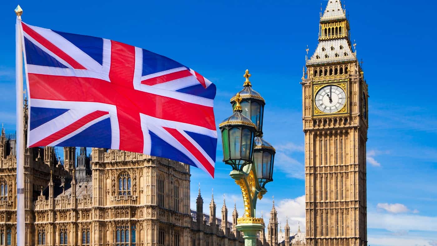 イギリス国旗、ビッグベン、国会議事堂、イギリス国旗の構図