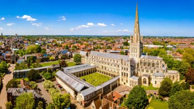 Aerial view of Norwich Cathedral located in Norwich, Norfolk, UK