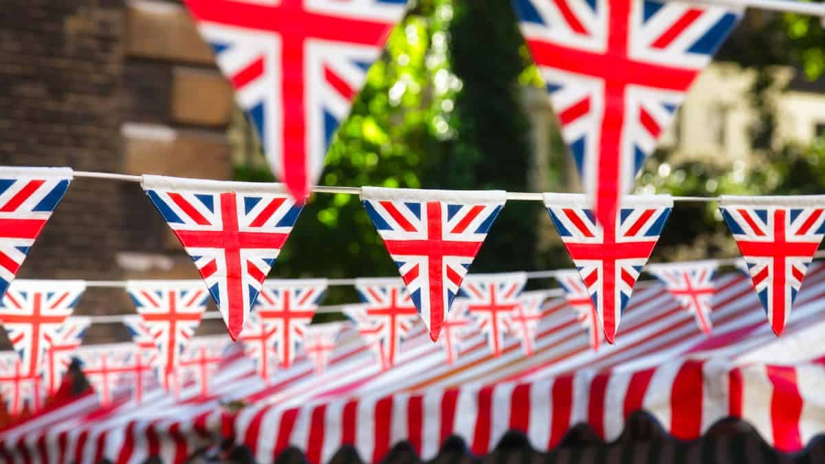 Union Jack flag triangular bunting hanging in a street