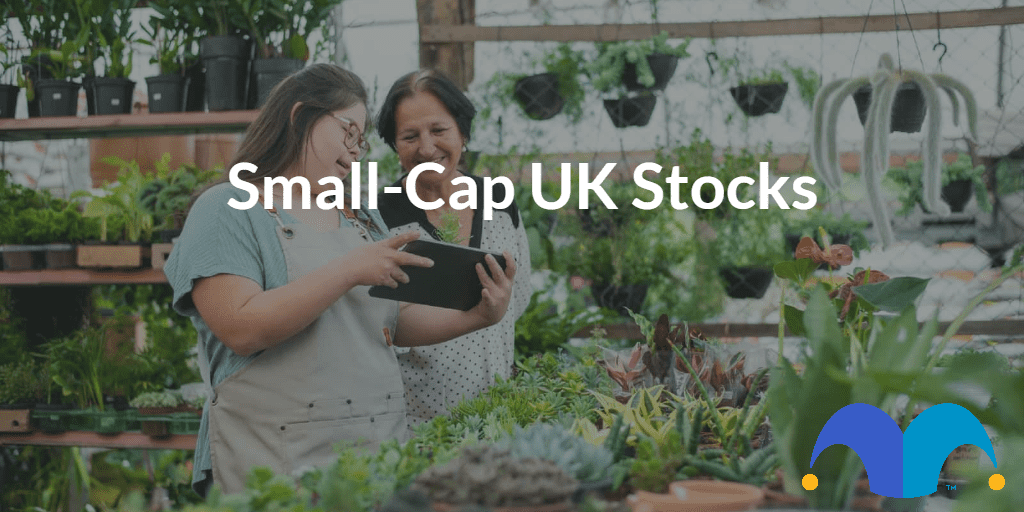 Two people in flower shop with the text “small-cap uk stocks” and The Motley Fool jester cap logo