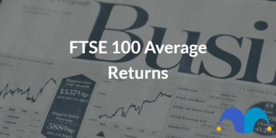 Business newspaper with the text “ftse 100 average returns” and The Motley Fool jester cap logo