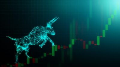 Abstract bull climbing indicators on stock chart