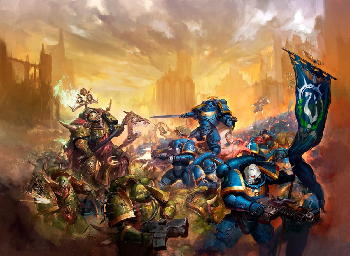 Artwork showing the Warhammer 40,000 world.