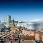 View of the Birmingham skyline including the church of St Martin, the Bullring shopping centre and the outdoor market.
